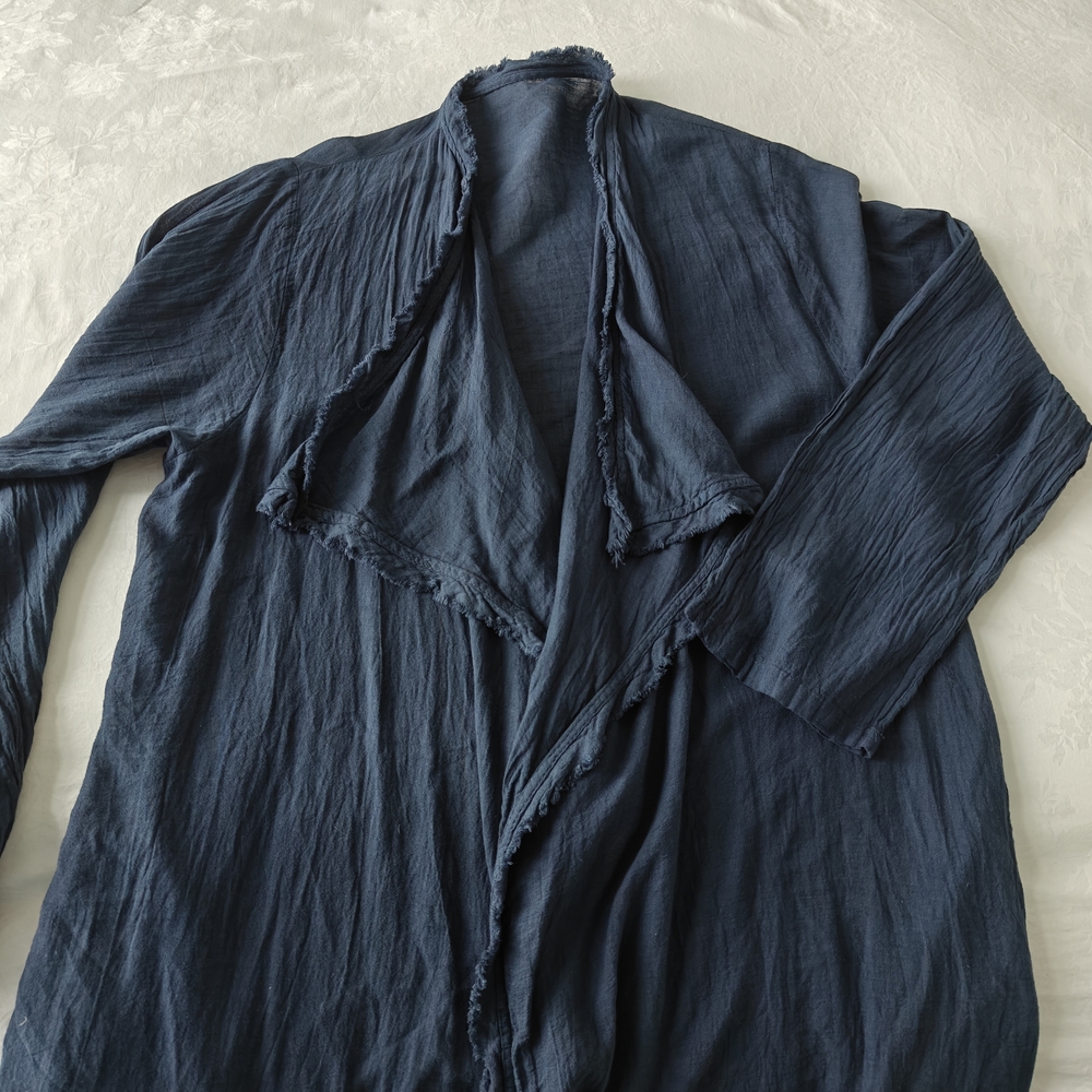 Blue Linen Duster with Ribbed Collar and Elastic Cuffs